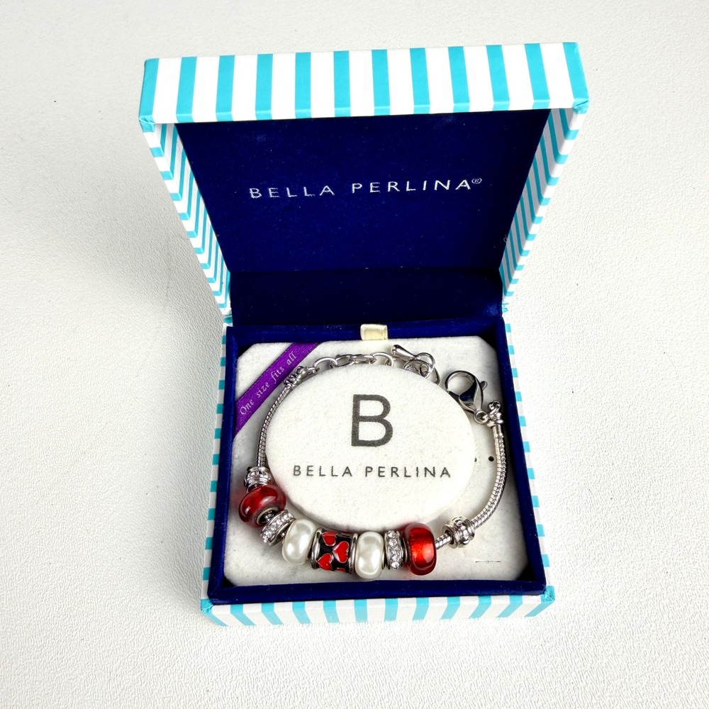 Bella Perlina Charm Bracelet Women Silver Red Hearts Pearls Valentine One Size